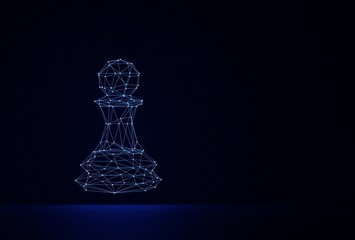 Obraz na płótnie Canvas Chess Pawn consists of dots and lines that glow blue on a black scene. Copy space for add text, low poly style, 3D rendering