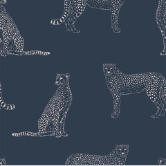 Cheetah hand drawn vector seamless pattern. Wild exotic cat sketch backdrop. Jaguar inky drawing. Animalistic textile print, leopard wallpaper design © AngellozOlga