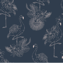 Flamingo with flowers hand drawn vector seamless pattern. Wild bird standing on one leg elegant linear sketch background. Blooming Hibiscus, exotic foliage inky. Tropical textile, wallpaper design