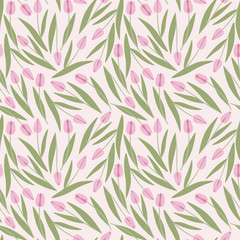 Fototapeta na wymiar Pink tulips on a white background seamless pattern.