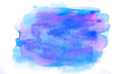 Watercolor brush texture background. Blue pink watercolor paint stain splash water pattern on white paper