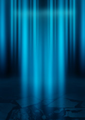 Dark blue abstract futuristic background. Laser neon rays. Neon light, reflection on the asphalt, smoke, smog