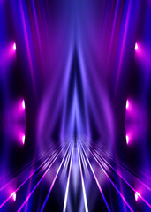 Dark abstract background. Empty scene in a nightclub. Neon purple and blue lights, smoke.