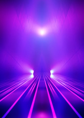 Dark abstract background. Empty scene in a nightclub. Neon purple and blue lights, smoke.