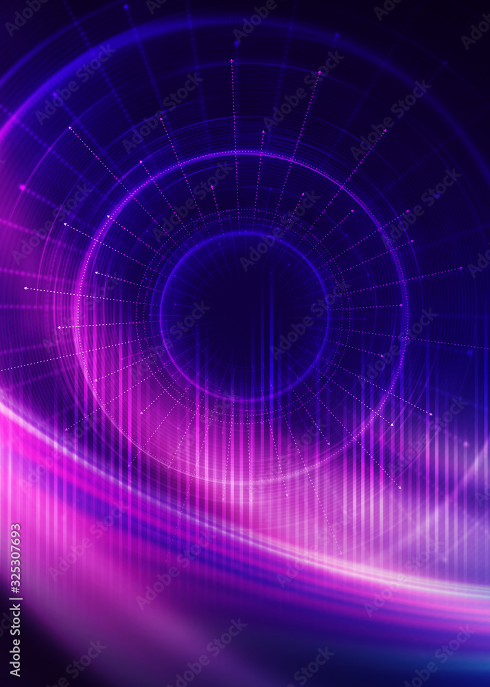 Poster dark tech abstract background with neon glow. cyber circle laser figure on abstract background