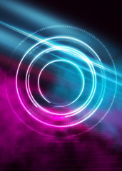 Dark abstract futuristic background. The geometric shape of the cyber circle in the middle of the scene. Neon blue-pink rays of light on a dark background