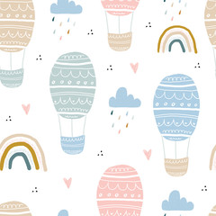 Hand drawn seamless childish pattern with air balloons. Creative kids hand drawn texture for fabric, wrapping, textile, wallpaper, apparel. Vector illustration © iryna_boiko