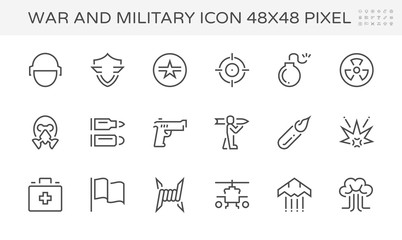 War and military weapon vector icon i.e. gun, bomb, nuclear missile. Include safety equipment i.e. helmet. For soldier, army use to defense, security and protection by shot, attack to target. 48x48 px