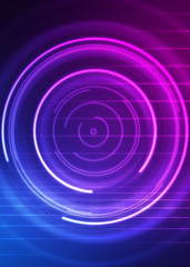 Dark abstract futuristic background. The geometric shape of the cyber circle in the middle of the scene. Neon blue-pink rays of light on a dark background