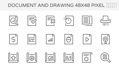 Document and drawing vector icon set design, 48X48 pixel perfect and editable stroke.