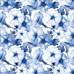 Watercolor seamless pattern of Petunia flowers.