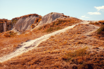 Road to the cliff edge. Desert landscape in hot summer. Wilderness