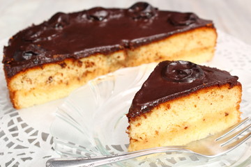Chocolate Topped Sponge Cake with Prunes and Toffee Sauce