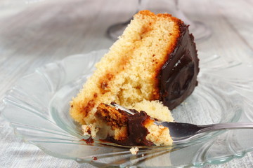 Chocolate Topped Sponge Cake with Prunes and Toffee Sauce