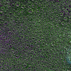 Pattern of randomly interwoven rings and balls of different diameters and green and lilac colors...
