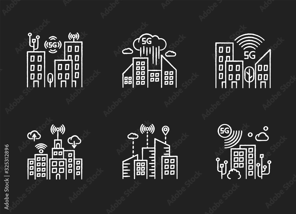 Poster 5g smart city chalk white icons set on black background. urban intelligence. mobile cellular network