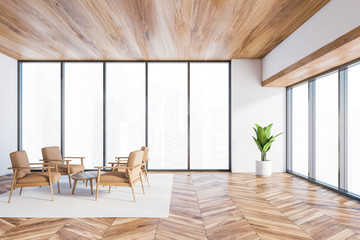 White panoramic office lounge with armchairs