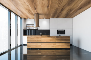 Panoramic white kitchen with island