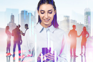 Broker with smartphone, her team and diagram