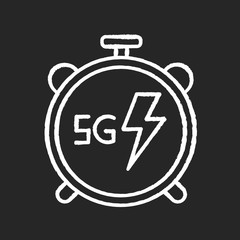 5G stopwatch chalk white icon on black background. High performance. Low latency connection. Cellular network. Quick data transmission. Wireless technology. Isolated vector chalkboard illustration