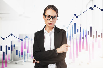 Confident businesswoman in office, financial graph