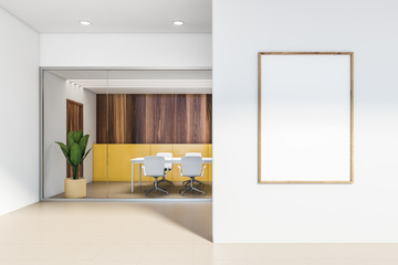 Yellow and wooden meeting room with poster
