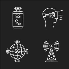 5G wireless technology chalk white icons set on black background. VR headset. Cell tower. Improved phone calls. World standard. Mobile cellular network. Isolated vector chalkboard illustrations