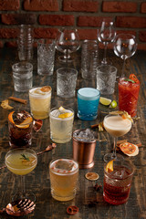 Many different multi-colored cocktails with different colors