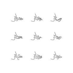 Obraz premium Nose smelling scent pixel perfect linear icons set. Person sniffing good and bad odor. Fume swirls. Customizable thin line contour symbols. Isolated vector outline illustrations. Editable stroke