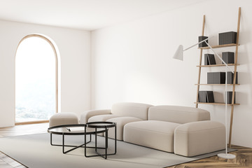 White living room corner with sofa and bookcase