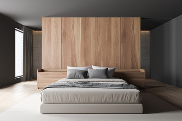 Gray and wooden master bedroom interior