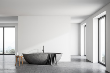 Spacious white bathroom with stone tub