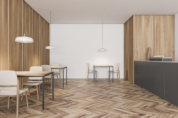 Stylish white and wooden coffee shop interior
