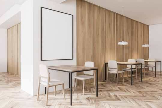 White and wooden cafe bar corner with poster