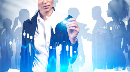 Woman using digital chart and team in city