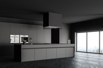 Gray kitchen corner with island and window