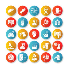 Infectious diseases flat design long shadow glyph icons set. Different pandemic infections, contagious viral illnesses. Various bacterial pathogens silhouette RGB color illustration