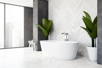Naklejka na ściany i meble Wooden and gray bathroom corner with tub