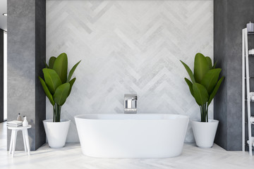 Naklejka na ściany i meble Wooden and gray bathroom interior with tub