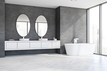 Panoramic gray bathroom interior, tub and sink