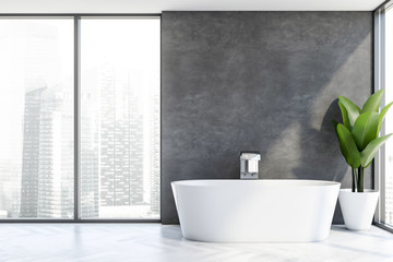 Panoramic gray bathroom interior with tub