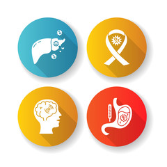 Dangerous illnesses flat design long shadow glyph icons set. HIV, AIDS, meningitis, rotavirus and hepatitis viruses. Medical diagnosis. Different viral diseases silhouette RGB color illustration