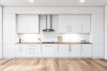 Wooden floor kitchen interior with countertops