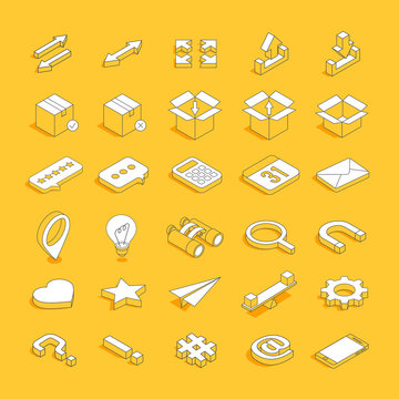 isometric vector image on a yellow background, a set of icons on the theme of business and postal service.