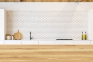 Table in blurry hexagonal tile wall kitchen