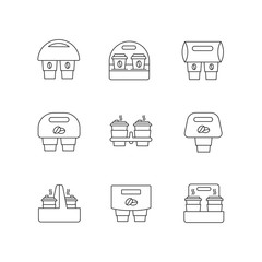 Paper cup holders pixel perfect linear icons set. Customizable thin line contour symbols. Coffee to go packages. Takeaway cardboard carriers. Vector isolated outline drawing. Editable strokes