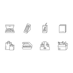 Takeaway food pixel perfect linear icons set. Customizable thin line symbols. Carry out packages. Fast food delivery. Packed pizza, sandwich. Takeout lunch. Vector outline drawing. Editable strokes