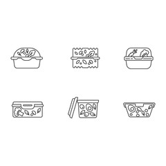 Plastic salad containers pixel perfect linear icons set. Customizable thin line symbols. Reusable food packages. Packed dinner. Take out meal storage. Vector isolated outline drawing. Editable strokes