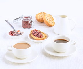 Selective focus on breakfast dishes on the table in rustic style. 