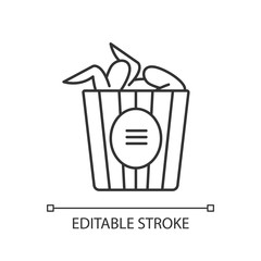 Bucket of chicken wings pixel perfect linear icon. Thin line customizable illustration. Crispy fried meat in cardboard package. Takeaway tasty meal. Vector isolated outline drawing. Editable stroke